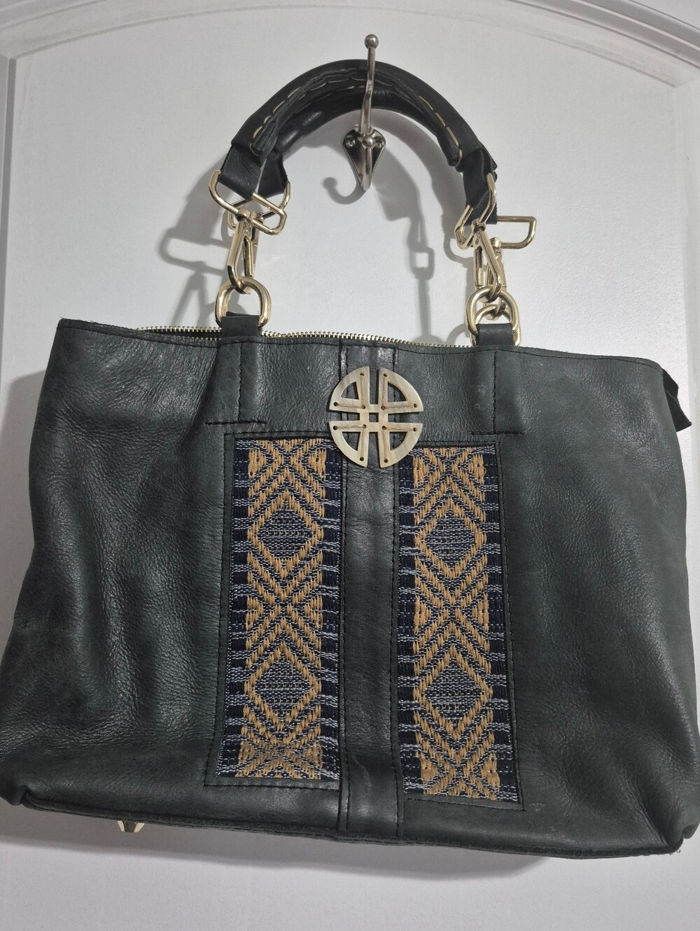ZAAF Ethiopia Black Leather Shoulder Bag Woven Textile Gold Hardware